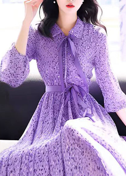 Bohemian Purple Peter Pan Collar Print Chiffon Dress Bracelet Sleeve QR032