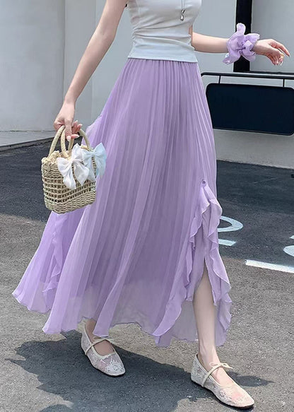 Summer Ruffled Elastic Bohemian Skirts Purple Waist Chiffon