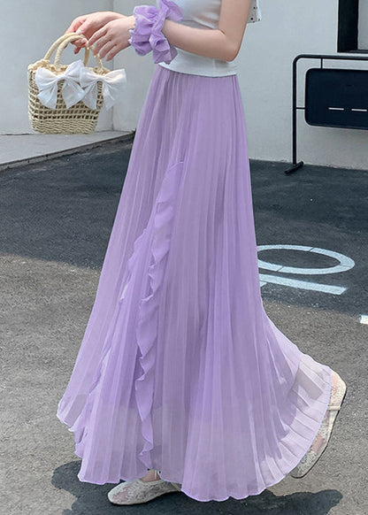 Summer Ruffled Elastic Bohemian Skirts Purple Waist Chiffon