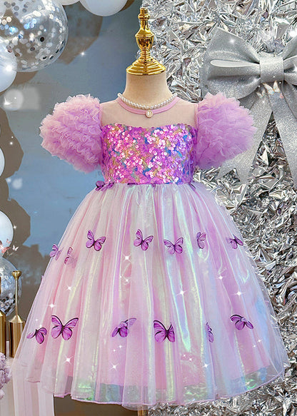 Böhmisches lila Pailletten-Print Tüll Mädchen Kleid Puffärmel TT036