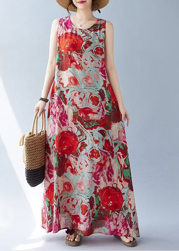 Oversized Holiday Bohemian Cotton Dress Red Sleeveless Print
