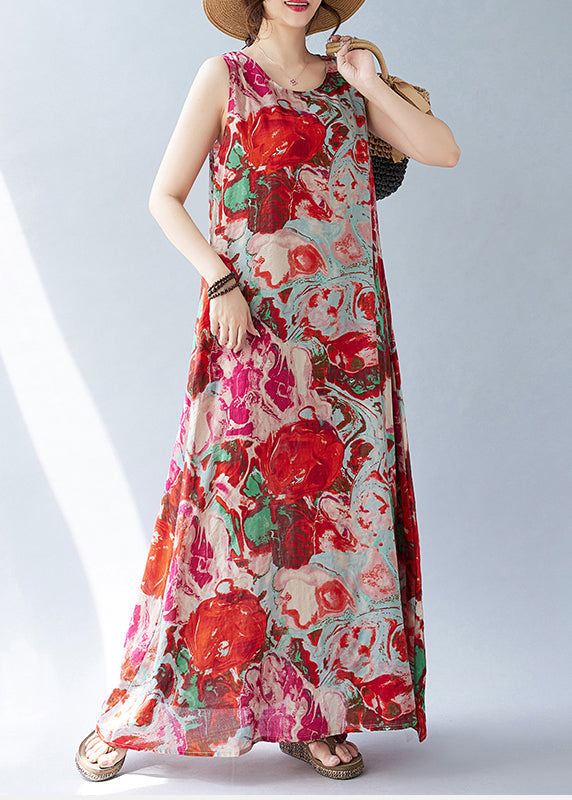 Sleeveless Red Print Oversized Dress Holiday Bohemian Cotton