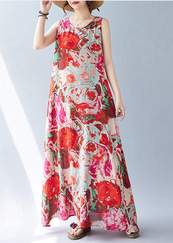 Sleeveless Red Print Oversized Dress Holiday Bohemian Cotton