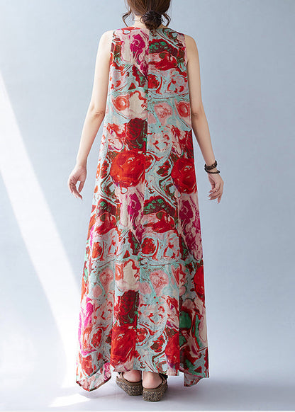 Oversized Holiday Bohemian Cotton Dress Red Sleeveless Print