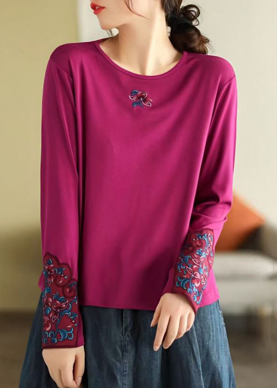 Bohemian Rose O Neck Embroidered Cotton T Shirts Spring TN001