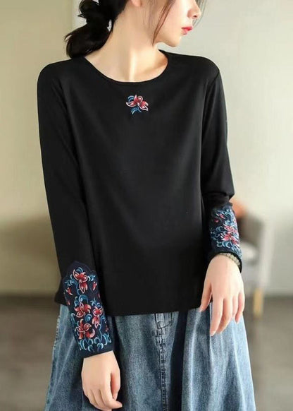 Bohemian Rose O Neck Embroidered Cotton T Shirts Spring TN001