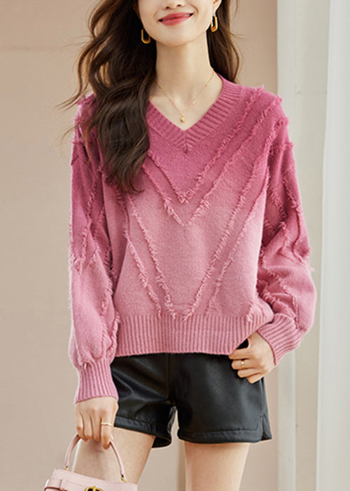 Pull en laine douillet à pompons style bohème rose Automne QS010