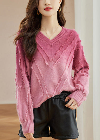 Pull en laine douillet à pompons style bohème rose Automne QS010