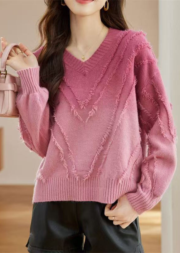 Pull en laine douillet à pompons style bohème rose Automne QS010