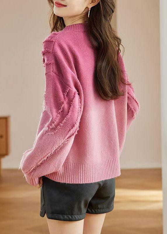 Pull en laine douillet à pompons style bohème rose Automne QS010