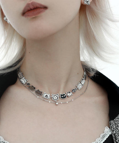 Bohemian Stainless Steel Silk Cat Necklace Double-Layer Graffiti