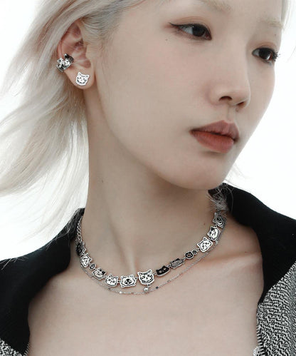 Bohemian Stainless Steel Silk Cat Necklace Double-Layer Graffiti