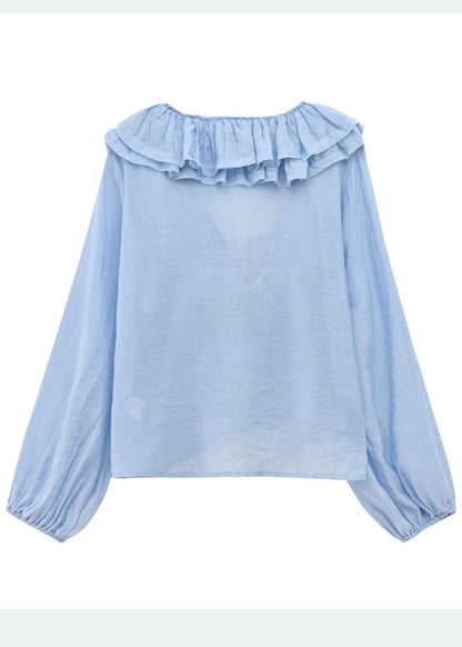 Shirt Bohemian Blue Sky Cotton Ruffled Tops Summer