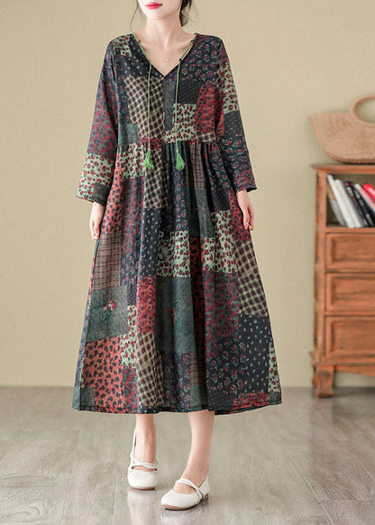 Robe longue bohème en coton à imprimé patchwork et col en V pour l'automne QO043