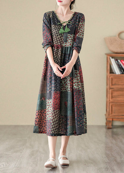 Robe longue bohème en coton à imprimé patchwork et col en V pour l'automne QO043