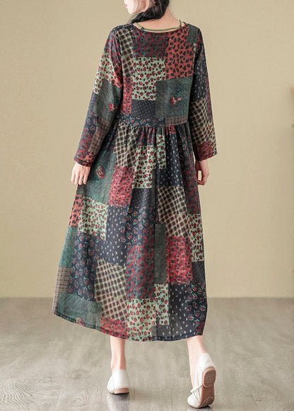 Robe longue bohème en coton à imprimé patchwork et col en V pour l'automne QO043