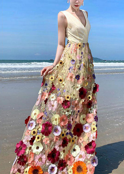 Bohemian V Neck Tulle Embroidered Patchwork Floral Tulle Maxi Dress Summer UU1024