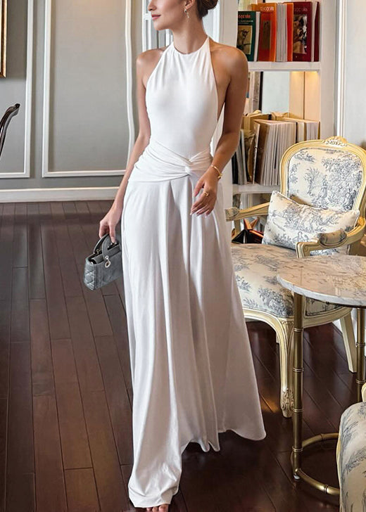 Dress Bohemian Long Up White Lace Backless Cotton Wrinkled