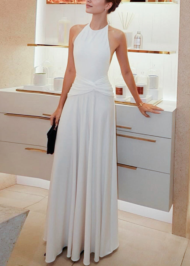 Dress Bohemian Long Up White Lace Backless Cotton Wrinkled