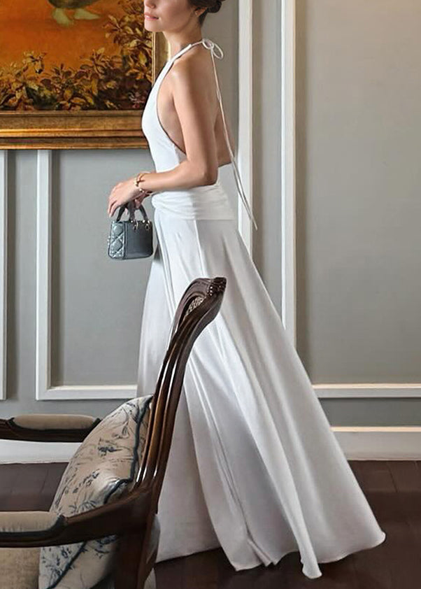 Dress Bohemian Long Up White Lace Backless Cotton Wrinkled