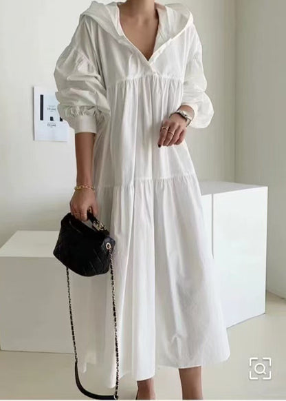 Dresses White Bohemian Lantern Hooded Oversized Maxi Cotton