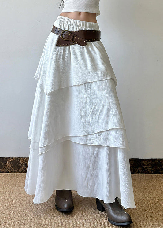 Skirts Waist Summer Cotton White Layered Solid Elastic Bohemian