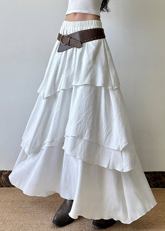 Skirts Waist Summer Cotton White Layered Solid Elastic Bohemian