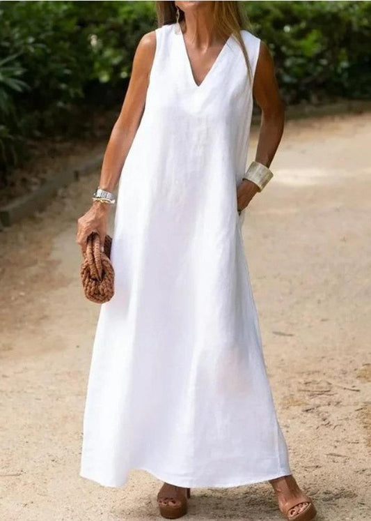 Bohemian White V Neck Cotton A Line Dress Sleeveless TL013