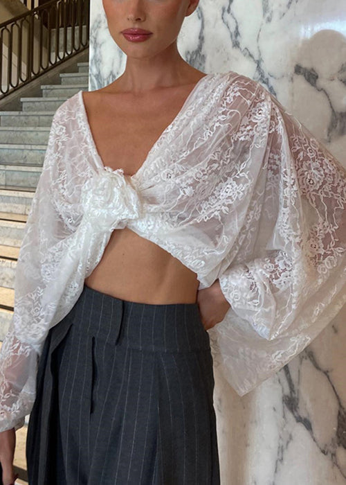 Bohemian White V Neck Floral Lace Top Spring YT020