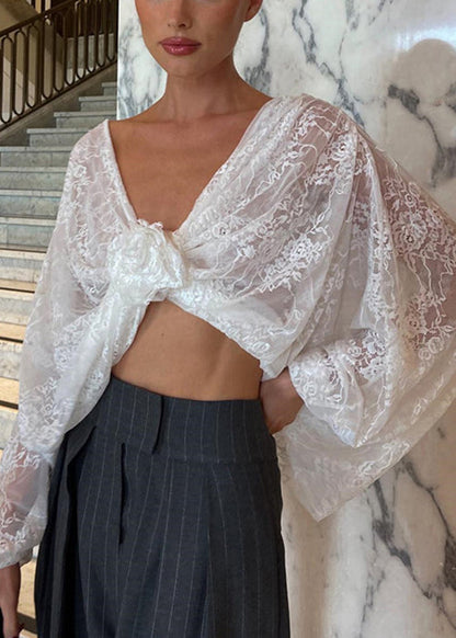Bohemian White V Neck Floral Lace Top Spring YT020