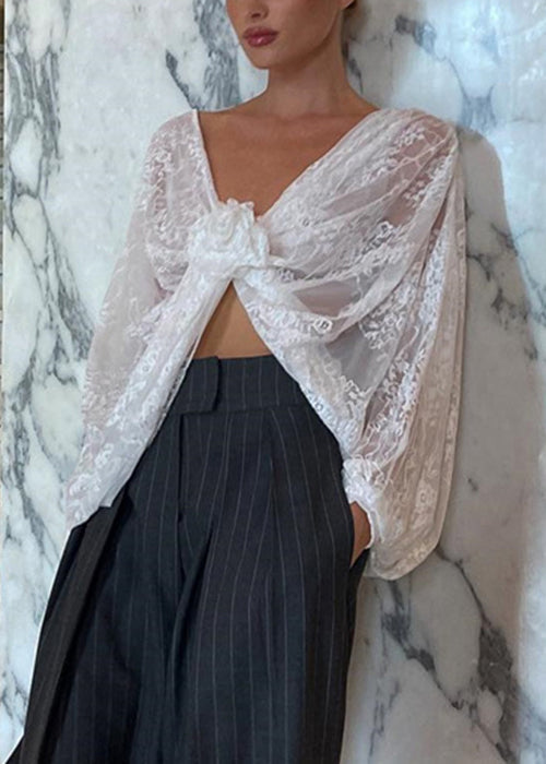 Bohemian White V Neck Floral Lace Top Spring YT020