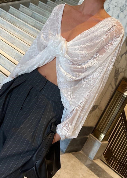 Bohemian White V Neck Floral Lace Top Spring YT020