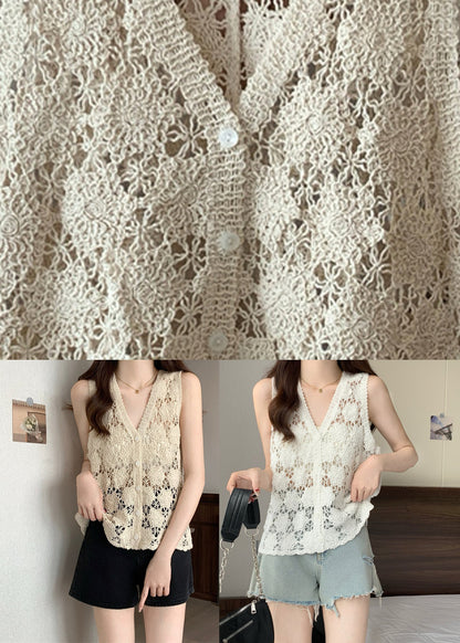 White Sleeveless Neck Tops V Bohemian Knit