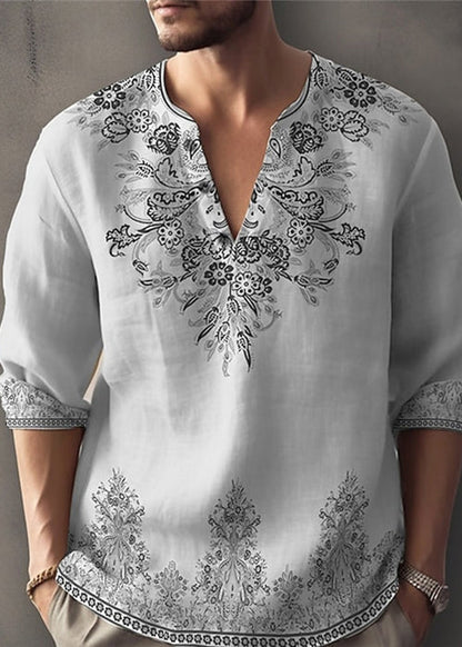 V White Men's Neck Half Print Cotton Shirts T Bohemian Oversized