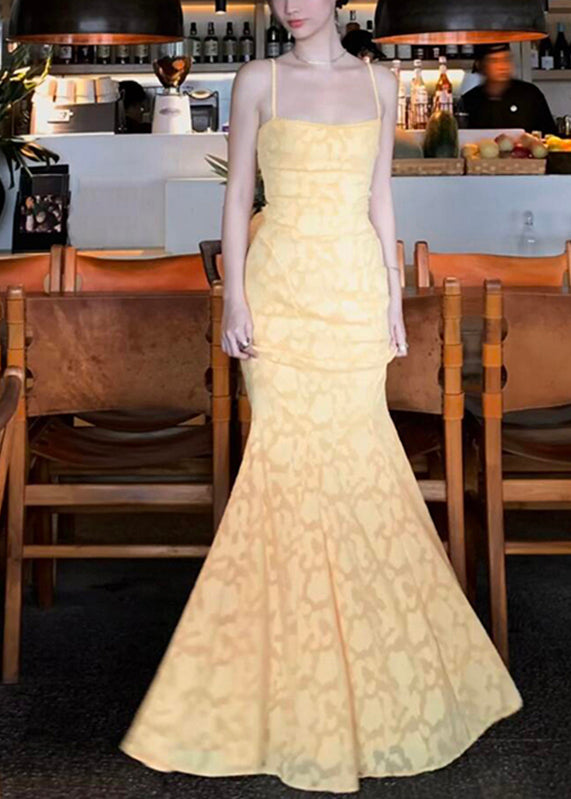 Strap Spaghetti Backless Yellow FishTail Dress Lace Bohemian Maxi