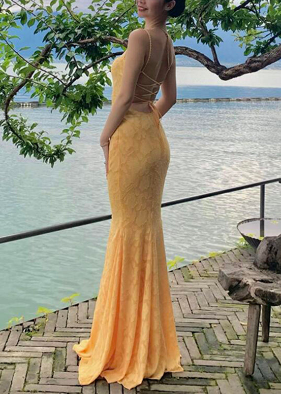 Strap Spaghetti Backless Yellow FishTail Dress Lace Bohemian Maxi