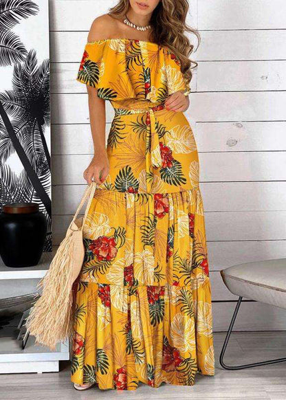 Print Shoulder Yellow Cold Bohemian Wrinkled Dress Short Maxi