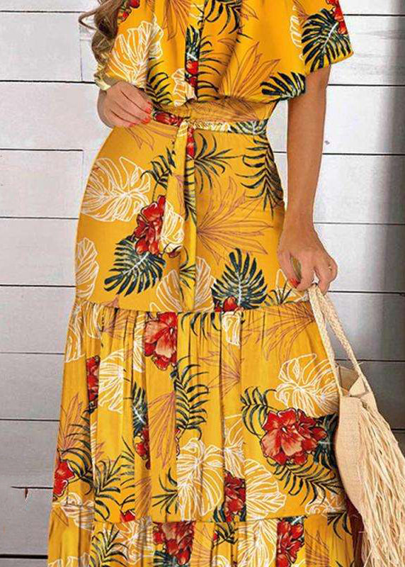 Print Shoulder Yellow Cold Bohemian Wrinkled Dress Short Maxi