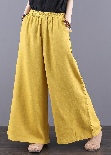 Pants Elastic Waist Pockets Bohemian Linen Yellow Summer
