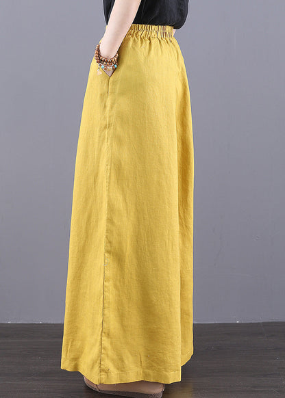 Pants Elastic Waist Pockets Bohemian Linen Yellow Summer
