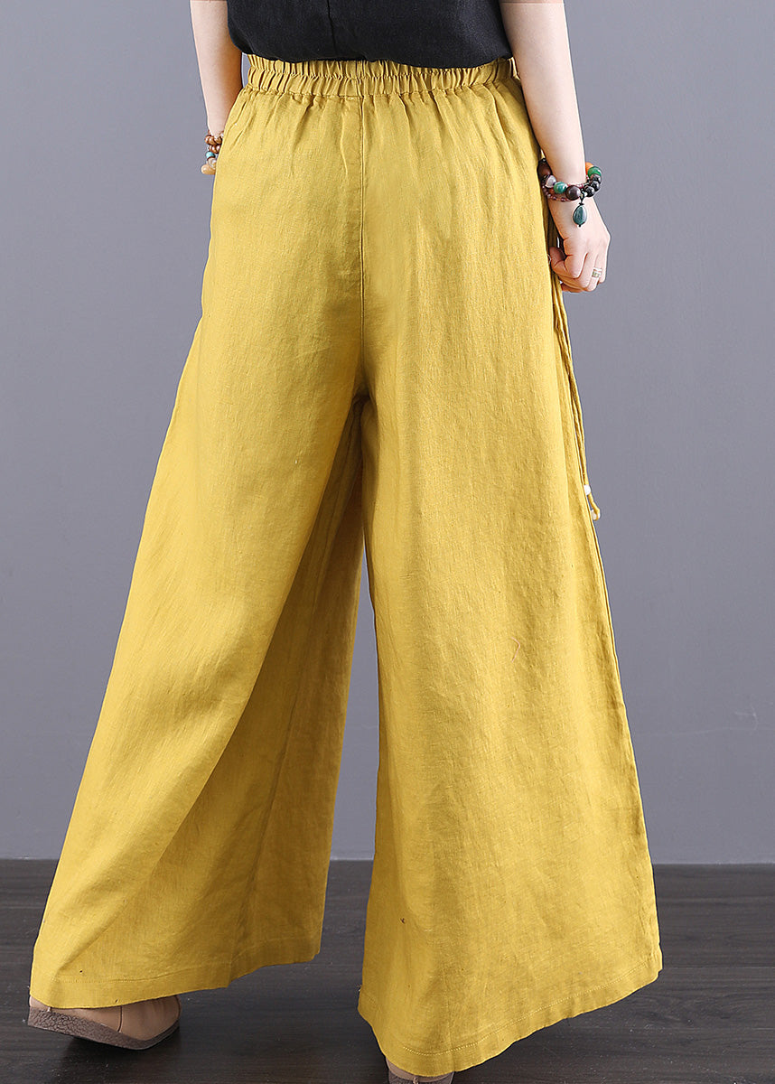 Pants Elastic Waist Pockets Bohemian Linen Yellow Summer