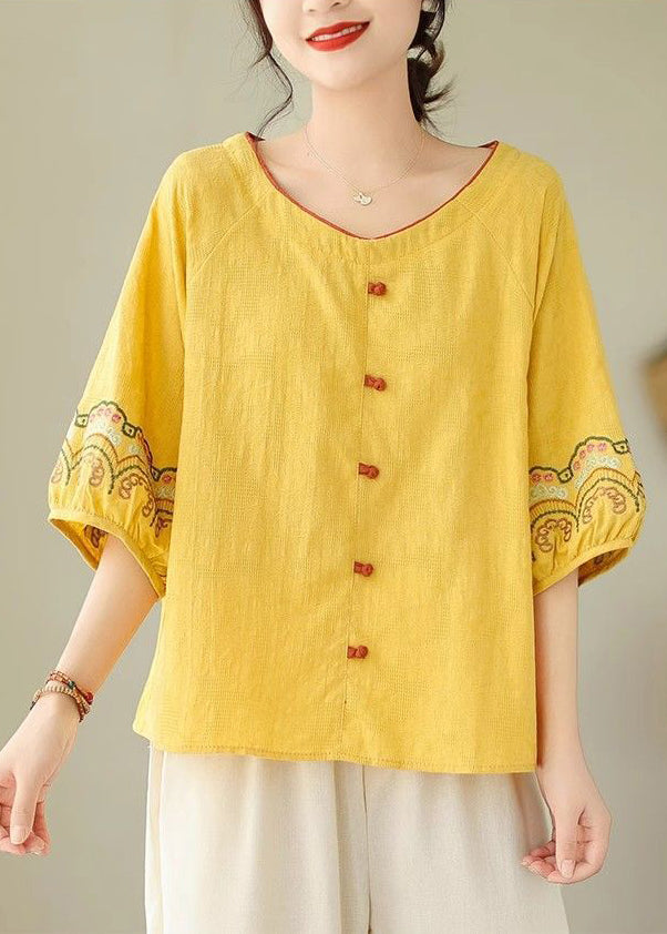 Bohemian Half Sleeve Shirt Embroidered Yellow