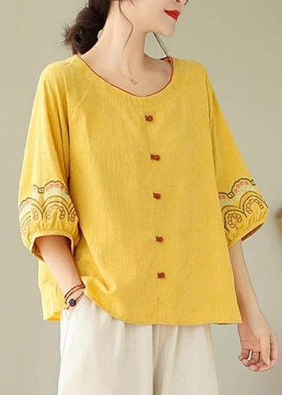 Bohemian Half Sleeve Shirt Embroidered Yellow