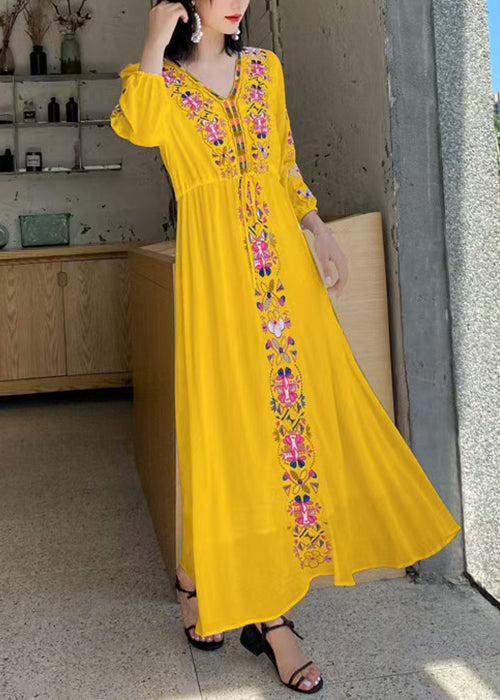 Embroidered Dresses Vacation Yellow Bohemian Tie Waist Cotton