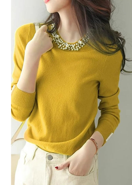 Bohemian Yellow Nail Bead Knit Shirt Spring TN012
