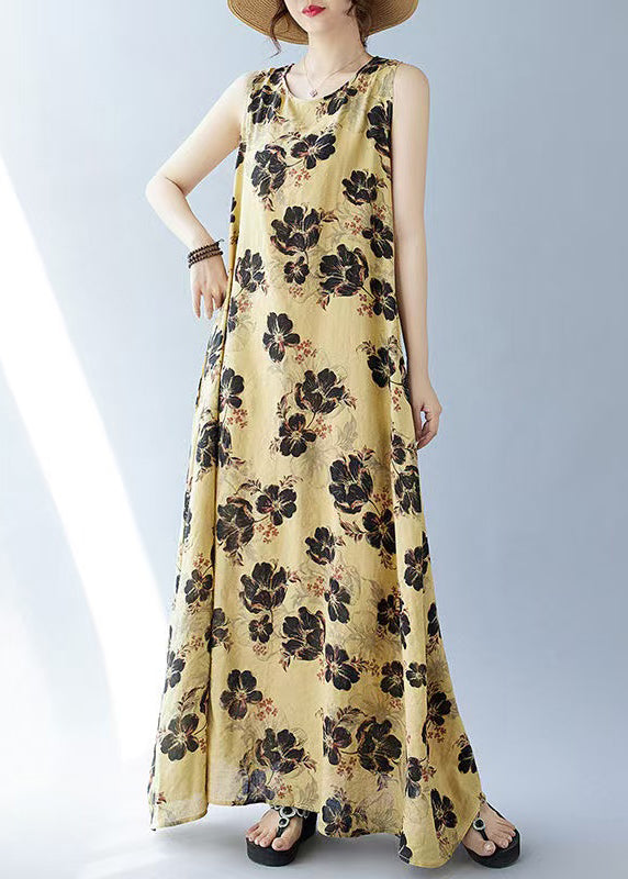 Bohemian Cotton Yellow Oversized Sleeveless Print Dresses