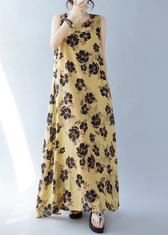 Bohemian Cotton Yellow Oversized Sleeveless Print Dresses