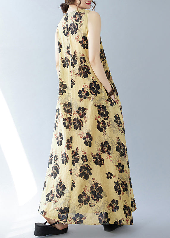 Bohemian Cotton Yellow Oversized Sleeveless Print Dresses