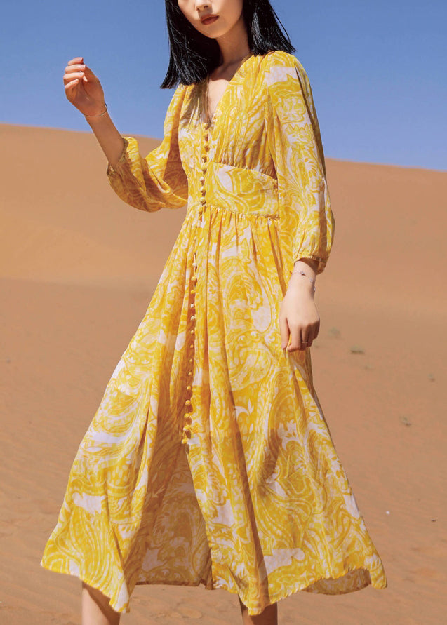 Long Fall Yellow Chiffon Dresses Bohemian Neck Print V