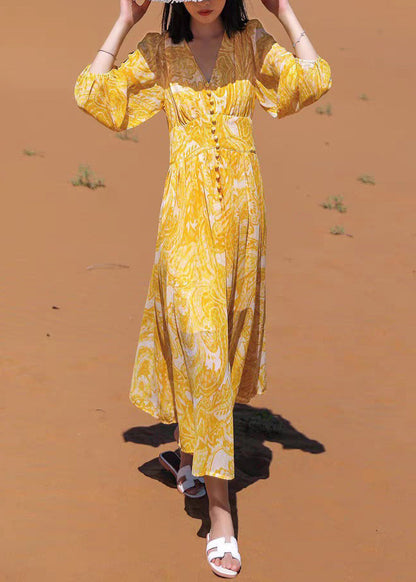 Long Fall Yellow Chiffon Dresses Bohemian Neck Print V